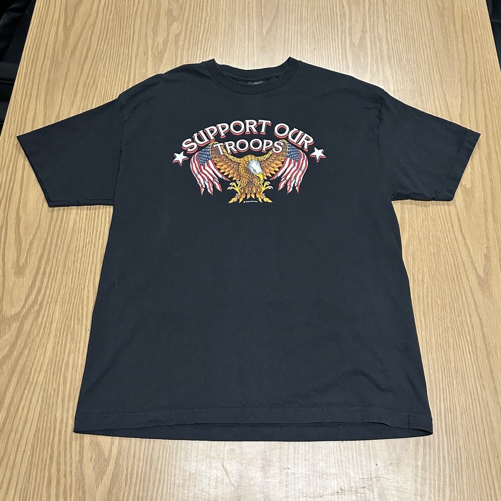 Support Our Troops T-shirt Mens Size XL Black Eagle Hot Leathers Flag